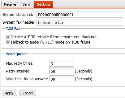 Figure 94: Fax settings GUI field System station ID System fax header Description Enter a station ID that shows on each fax sent from the FortiVoice unit.