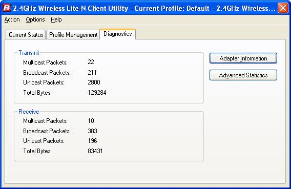 3.3 Diagnostics The Diagnostics tab of the Wireless Lite-N Client Utility provides buttons used to retrieve receiving and transmitting statistics.