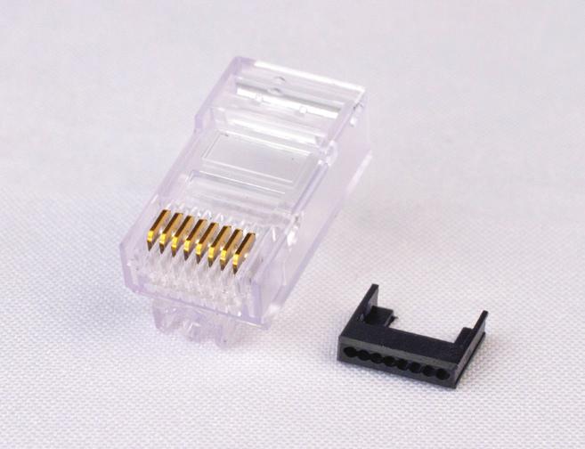 CAT 5E, 8-position plug (MP-5E_-_) Each kit includes - () Modular plug assembly - () Wire holder Use appropriate size CAT 5E modular plug boot (MP-5EU-Boot) for cable diameter Unshielded CAT 5E