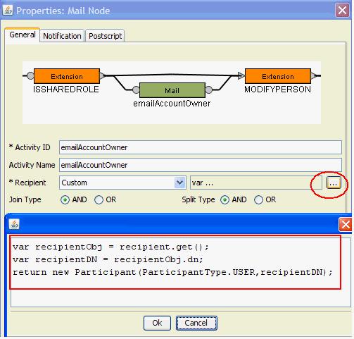 15.Add a new mail node between ISSHAREDROLE and MODIFYPERSON (Figure 9). Figure 9 Java script for the mail node 16.Double-click the new Mail node.