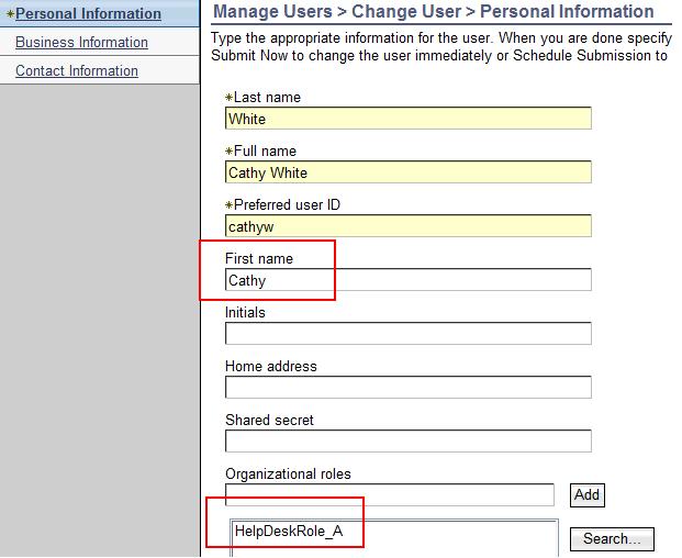 The Tivoli Identity Manager administrator assigns Cathy to be a member of the HelpDeskRole_A role (Figure 23 and Figure 24).