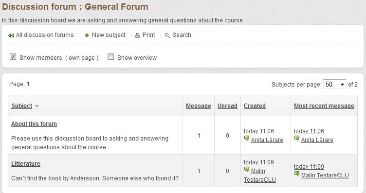 To choose and enter a special discussion forum click on the name in the column Discussion forum. 2.