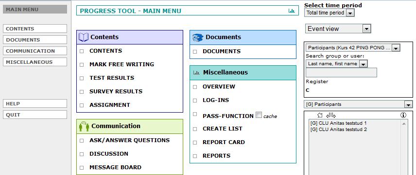 6.3 Progress tool In PING PONG s Progress tool in the Toolbox you as a lecturer can choose different sorts of statistics you want to see. 6.3.1 Parts You will find the following parts in the Progress tool: 6.