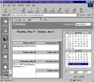 To view a particular day or week, click the desired date or week number in the small calendar on the right side