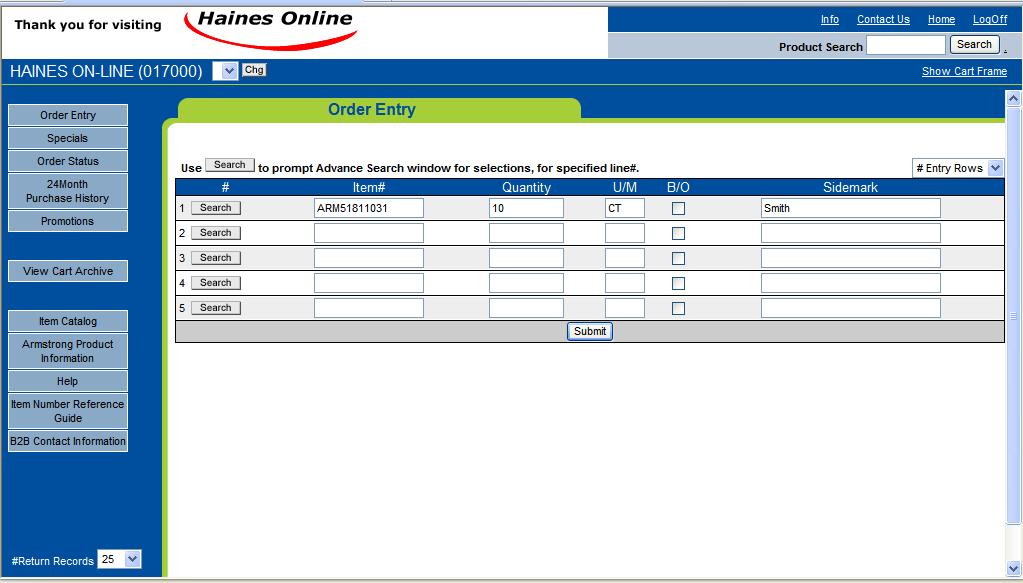 Order Entry Processing an Order You can enter the full Item Number, Quantity and Sidemark in