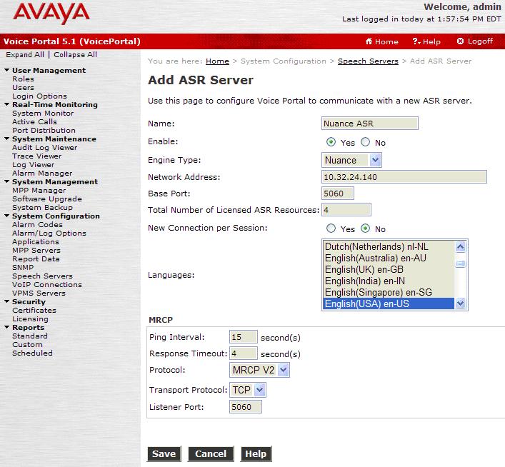 4.4. Add an ASR Server To configure the ASR (automatic speech recognition) server, click on Speech Servers in the left pane, select the ASR tab, and then click Add.