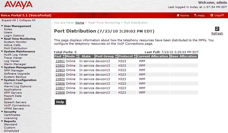 3. From the VPMS web interface, verify that the ports on the MPP server are in-service