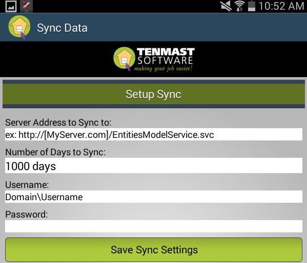 3 Enter the Server Address to Sync to. This is the new URL for your mobile applications site, using https instead of http. Enter the desired Number of Days to Sync.