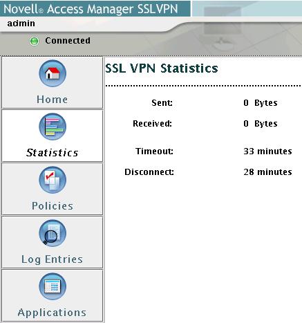 Figure 6-3 Statistics Page The statistics page has the following information: Sent: Bytes sent through the SSL VPN tunnel. Received: Bytes received through the SSL VPN tunnel.