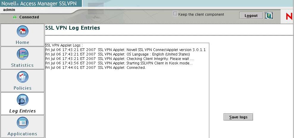 Figure 6-5 Log Entries Page The log files are stored in the following directories: Windows: <Your Home directory>\novell\sslvpn\log\nls\en if you are a Windows user.