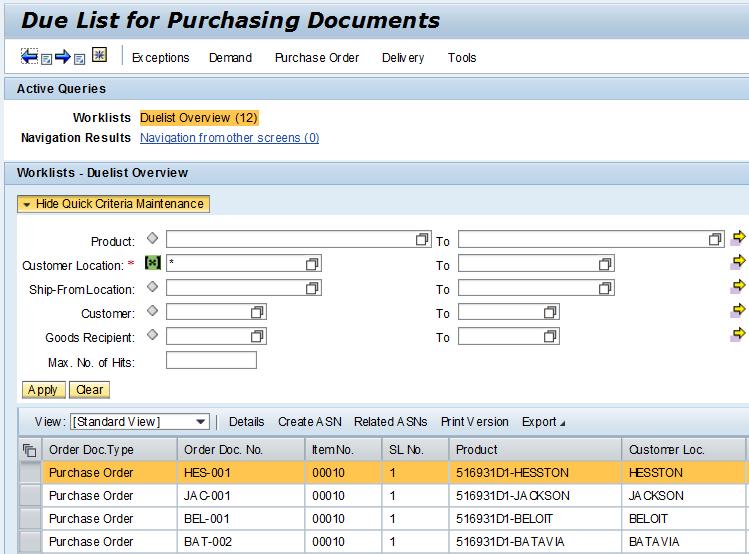 3.2 Review Firm POs That are Not Yet on an ASN Menu: Delivery Receipts and Requirements Due List for Purchasing Documents Under Quick Criteria Maintenance click the Clear button to delete previous