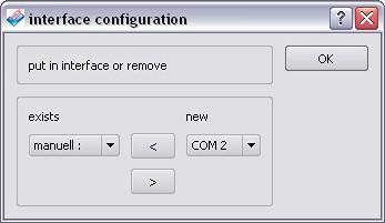 Using the drop-down list for the interfaces ( see figure left ), an already registered COM-port, with which the device is connected, or - alternatively - the interface configuration dialog ( figure