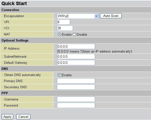 Connection Encapsulation: Select the encapsulation type your ISP uses or choose Auto Scan.