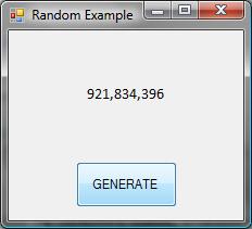 End Sub Dim randomnumber As Integer 'Randomly generate and ste random number randomnumber = rnd.next() 'Output and fmat the random number lblnumber.text = FmatNumber(randomNumber, 0,,, TriState.