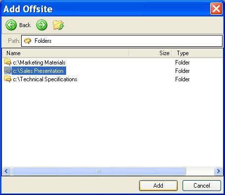You can also accomplish offsite backup through the Offsite Data section. Step 1: Select Add Offsite Folder in the left window pane.