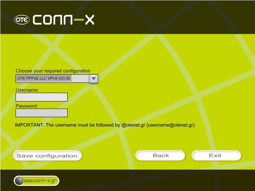 5. Please fill in the User name and Password fields with those ones which have been provided to you during the purchase of the conn-x package and press "Save configuration".