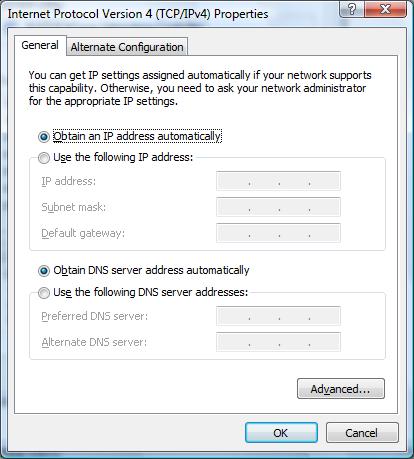 Check " Obtain an IP address automatically " and " Obtain DNS server address automatically " then click
