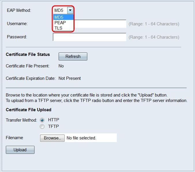 Step 2. In the EAP Method drop-down list, choose the algorithm that will be used to encrypt usernames and passwords.