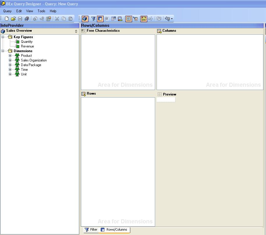 Designing the Query for Implementation Open BEx Query Designer You will see the following screen.