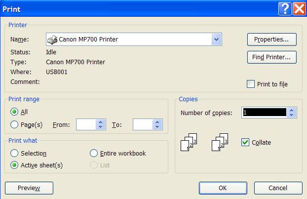 6. PRINTING If you only need one copy of the current worksheet just click on the Print button in the standard toolbar.