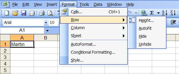 Under Format you can also choose options for whole rows and columns.