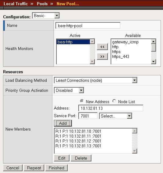 Figure 3 Creating a pool for the WebLogic servers Creating profiles BIG-IP version 9.0 and later use profiles.