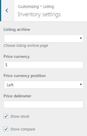 2. Features 2.1. Settings and Options WordPress Customize allows you to setup the general settings of the plugin. In WordPress menu go to Appearance > Customize -> Listing.