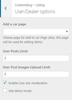 User/Dealer options: Add a Listing page: Choose page for Add to car Page (Also, this page will be used for editing items).