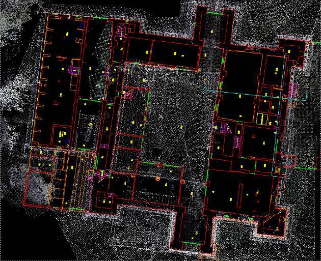 In yellow the horizontal cross-section extracted by laser scanner data; in red the plan realized with manual and topographic techniques The extraction of horizontal and vertical cross-sections from