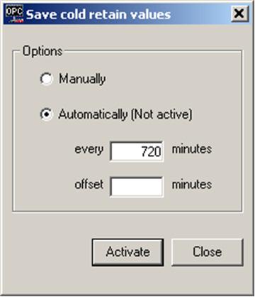 Configuring OPC Data Access Connections Section 7 800xA for AC 800M 5. The Save Cold Retain Values dialog box appears as shown in Figure 24. Enter a suitable period time. Figure 24. Save Cold Retain Values Dialog Box 6.