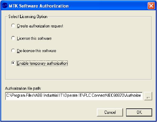 Licensing Procedure Section 13 PLC Connect The MTK Software Authorization dialog box appears (Figure 38). Figure 38. MTK Software Authorization Dialog Box 3.