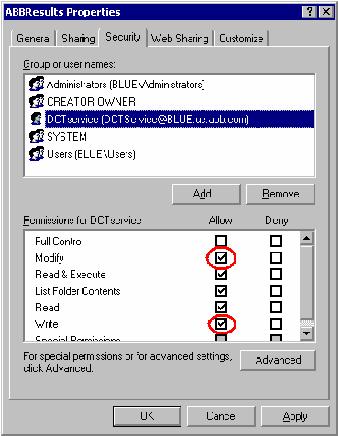 Modifying the DCT Service Account for a Domain Controller Section 4 Diagnostics Collection Tool Drive:\ABBResults to open the ABBResults Properties dialog box. c.