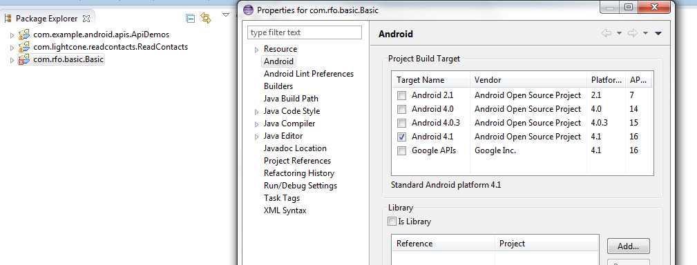 6. Check the highest level of the Android OS available in this list. Do this without regard to the level of OS in your device(s). 7. Click Apply then OK. 8. From the menu, Select: Project->Clean. 9.