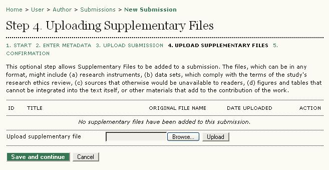 Figure 210: Uploading Supplementary Files 1. This step is optional. If you have any supplementary files, such as research instruments, data sets, etc., you may add them here.