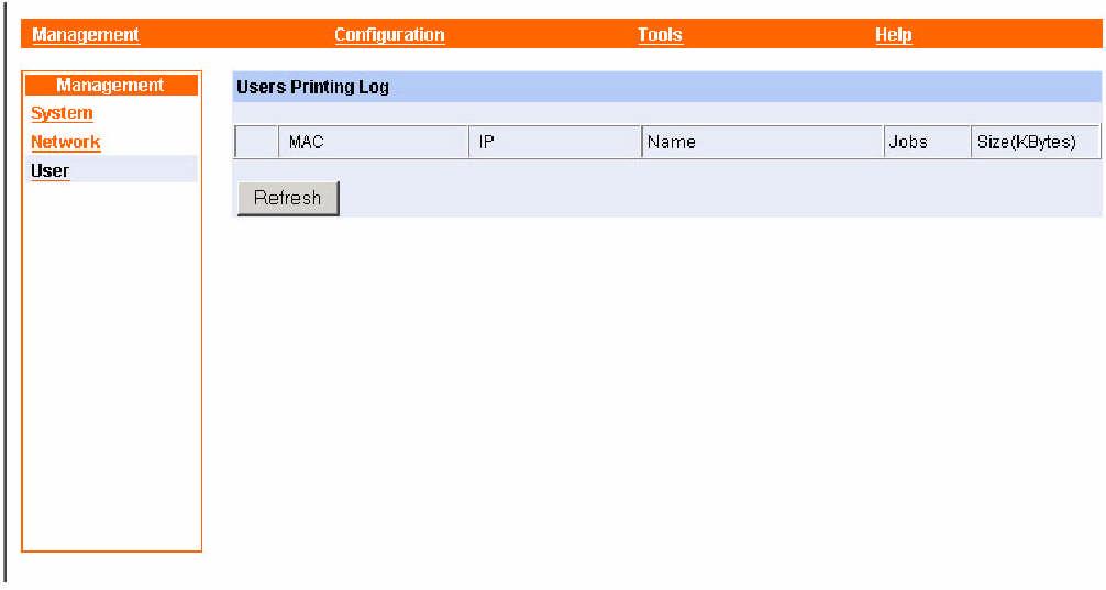 Management g User Click the User item in the left column to display the user(s) information.