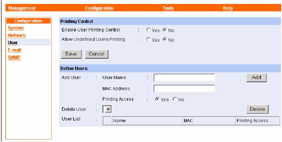 Configuration g User Printing Control By configuring the Enable User Printing Control option (Yes or No), the user in the User List is permitted to access the print server or not.