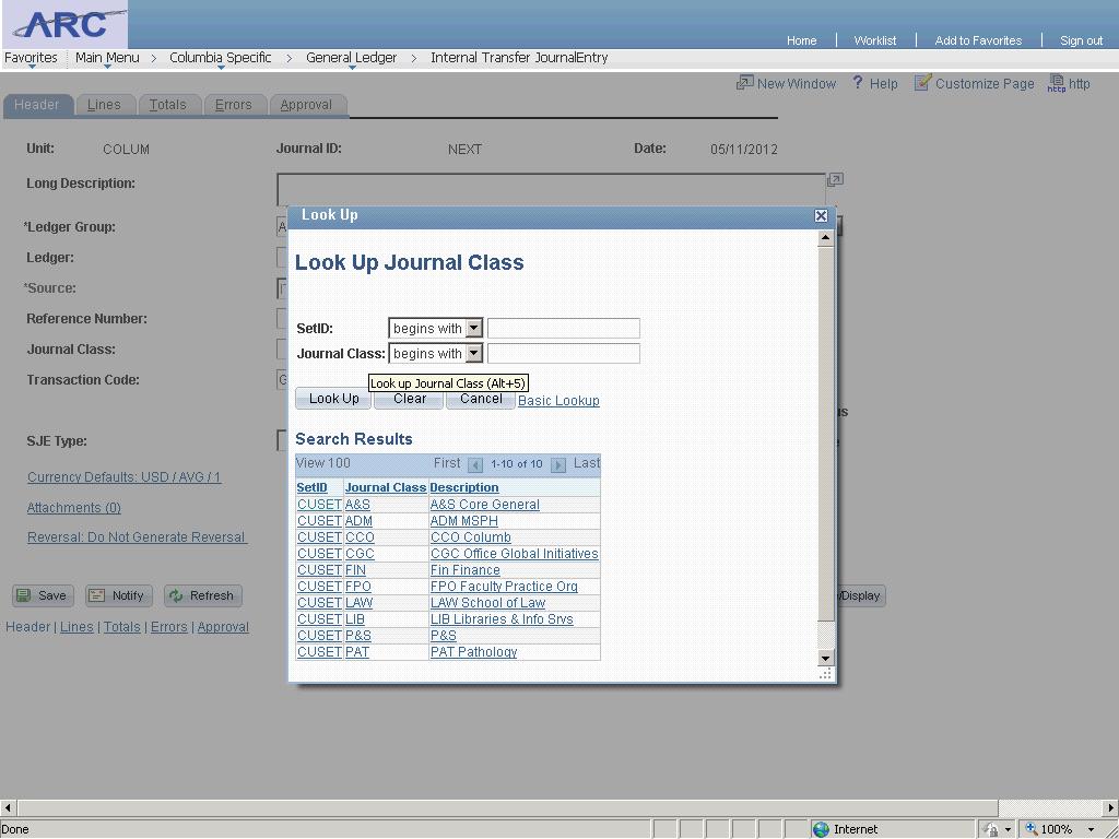 8. Click the Look up Journal Class