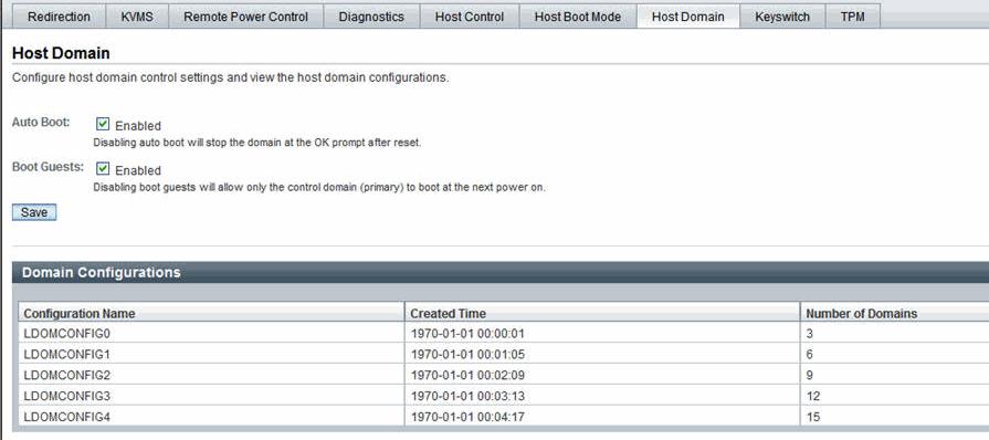 4. To commit the changes made on the Host Domain page, click Save. Configure Host Power to Stored LDom Configurations 1. Log in to the ILOM web interface on a SPARC server. 2.