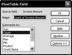 112 Microsoft Excel 2003 - Advanced The button now reads Sum of Payment Amount, not just Payment Amount. This is because Excel uses this area for calculations. 3.