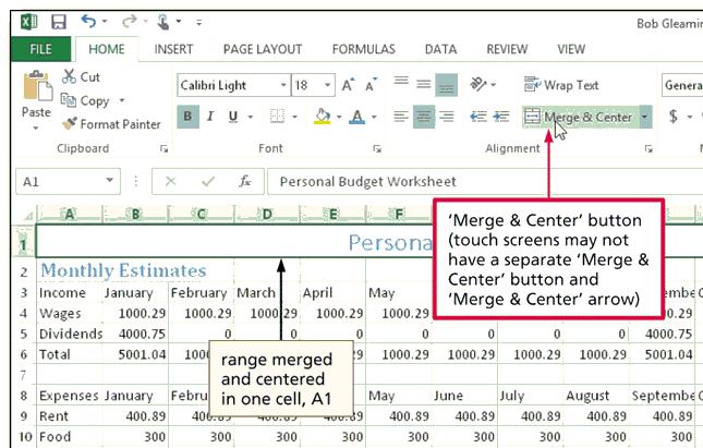 Centering Cell Entries across Columns by Merging Cells Drag to select the range of cells you want to merge and center Tap or click the Merge & Center button on the HOME tab to merge