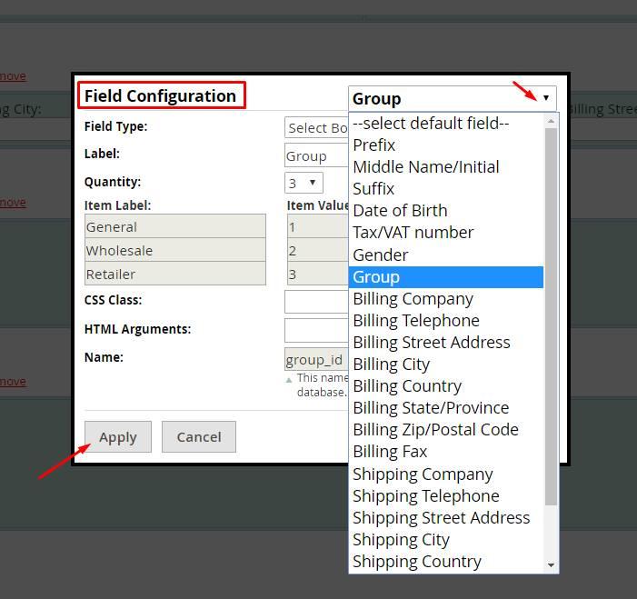 Click the "select default field" dropdown and the following system fields are available from the list: - Prefix - Middle Name/Initial - Suffix - Date of Birth - Tax/Vat Number - Gender - Group -
