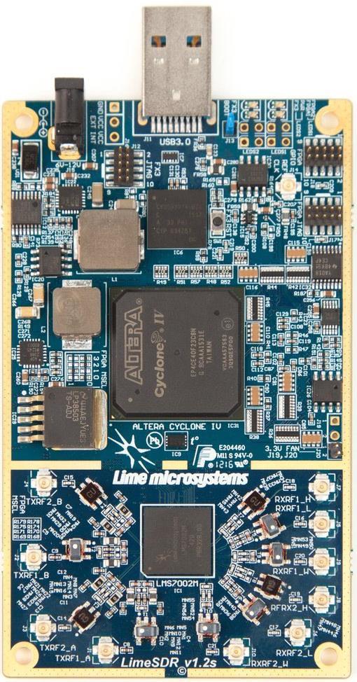 LIME SDR RF Transceiver: Lime Microsystems LMS7002M MIMO FPRF FPGA: Altera Cyclone IV EP4CE40F23 also compatible with EP4CE30F23 USB 3.0 controller: Cypress USB 3.