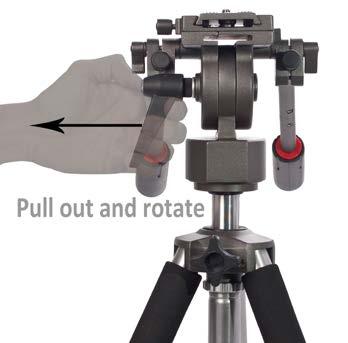 7. Adjusting The Tilt: To adjust the tilt angle of the tripod, turn the tilt adjuster handle counter-clockwise until it reaches the quick plate adjuster, then place your thumb on the white circle and