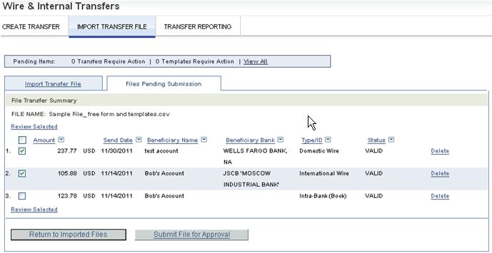 Review the details of a specific transfer within the file by checking the box next to the wire(s), or you view details on all transfers by selecting the Check All box and then clicking the Review