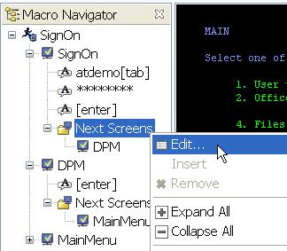 In the Macro Navigator panel, right-click the Next Screens folder following the
