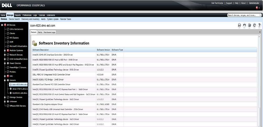 Figure 2 Software inventory information of Servers in Dell OpenManage Essentials 4.