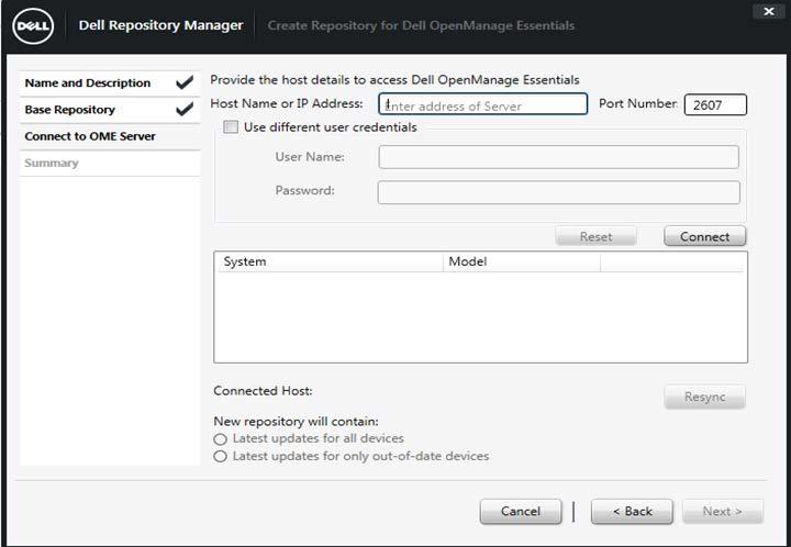 6. Provide details of the Dell OpenManage Essentials installation of the system in the Connect to OME Server wizard like Host Name or IP Address, Port Number, User Name and Password (if required).