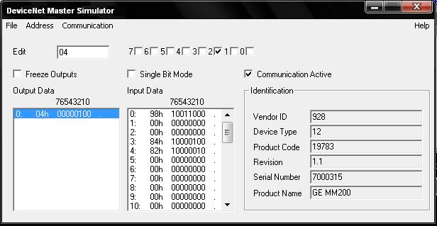 FIELDBUS INTERFACE COMMUNICATIONS GUIDE The example diagram below shows the MM200 polled I/O data read/written using a DeviceNet master simulator.