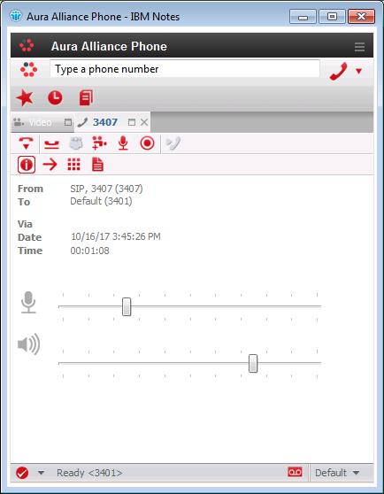 Answer the call on the Aura Alliance Client for Notes/Sametime application by selecting the Answer button (not shown), the Calls window below