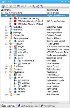 Automation Studio 5.6 Organization of software Program organization elements (POEs) are displayed in the Logical View arranged in a tree structure.